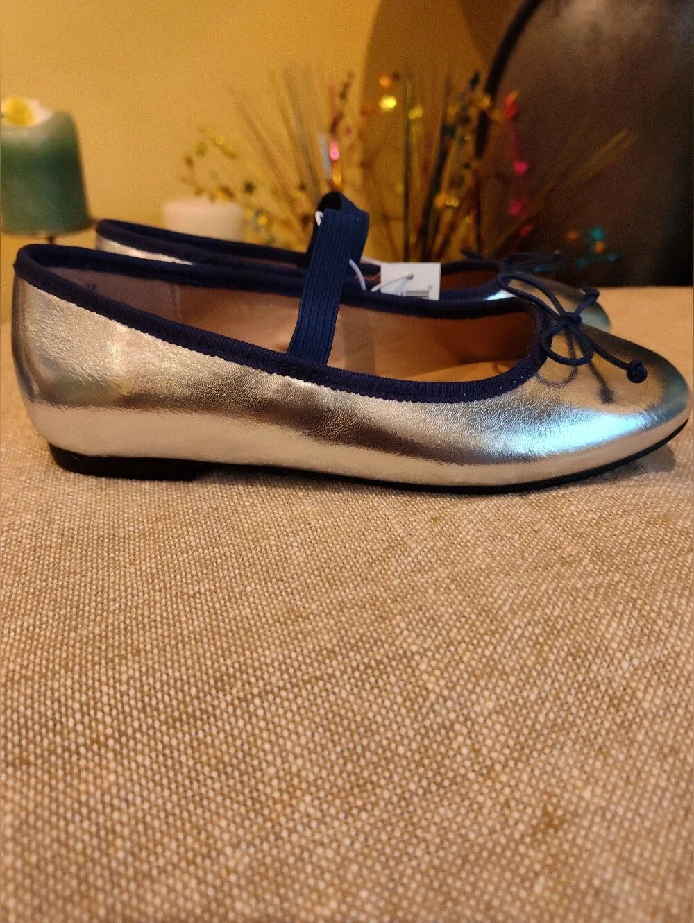 Silver Metallic Ballet Flats with Navy Trim